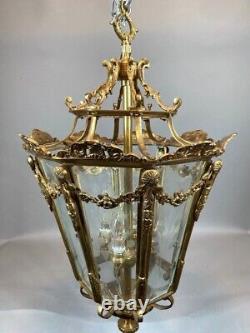 Stunning Vintage French Louis XVI Bronze Lantern with Gold Leaf and Floral Glass