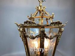 Stunning Vintage French Louis XVI Bronze Lantern with Gold Leaf and Floral Glass