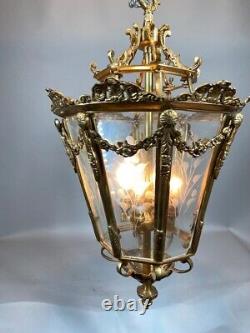 Stunning Vintage French Louis XVI Bronze Lantern with Gold Leaf and Floral Glass