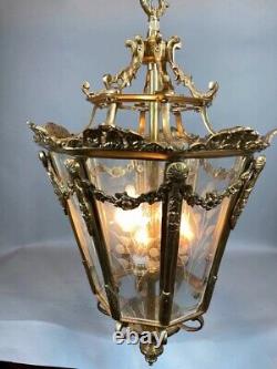 Stunning Vintage French Louis XVI Bronze Lantern with Gold Leaf and Floral Glass