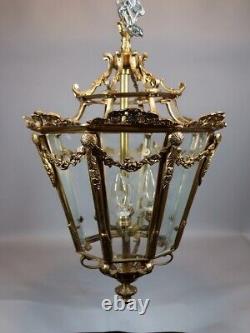 Stunning Vintage French Louis XVI Bronze Lantern with Gold Leaf and Floral Glass