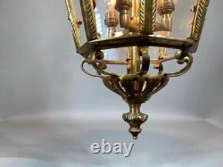 Stunning Vintage French Louis XVI Bronze Lantern with Gold Leaf and Floral Glass