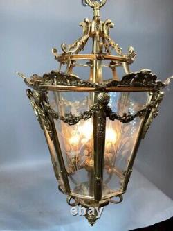 Stunning Vintage French Louis XVI Bronze Lantern with Gold Leaf and Floral Glass