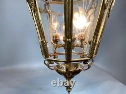 Stunning Vintage French Louis XVI Bronze Lantern with Gold Leaf and Floral Glass