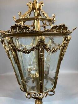 Stunning Vintage French Louis XVI Bronze Lantern with Gold Leaf and Floral Glass