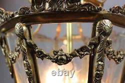 Stunning Vintage French Louis XVI Bronze Lantern with Gold Leaf and Floral Glass