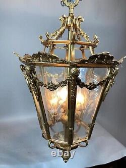 Stunning Vintage French Louis XVI Bronze Lantern with Gold Leaf and Floral Glass