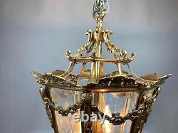 Stunning Vintage French Louis XVI Bronze Lantern with Gold Leaf and Floral Glass