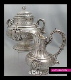 TETARD SPECTACULAR ANTIQUE 1880s FRENCH STERLING SILVER COFFEE SET 3pc Louis XVI