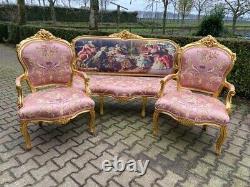 Timeless Elegance Vintage French Louis XVI Sofa Set with Pink Damask Upholstery