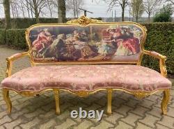 Timeless Elegance Vintage French Louis XVI Sofa Set with Pink Damask Upholstery