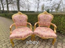 Timeless Elegance Vintage French Louis XVI Sofa Set with Pink Damask Upholstery