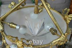Top French Chandelier Bronze Angel putti glass bowl Louis XVI guirlandes rare