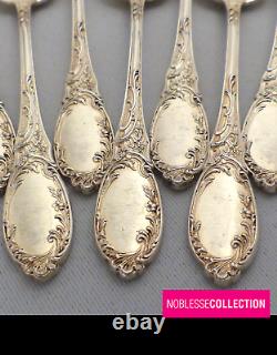 ULTRA-CHIC ANTIQUE 1910s FRENCH STERLING SILVER VERMEIL GOLD COFFEE SPOON SET 7p