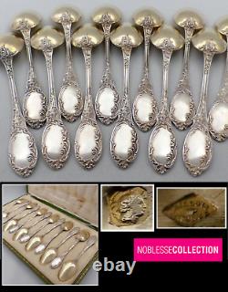 ULTRA-CHIC ANTIQUE 1910s FRENCH STERLING SILVER VERMEIL GOLD TEA SPOON SET 12p
