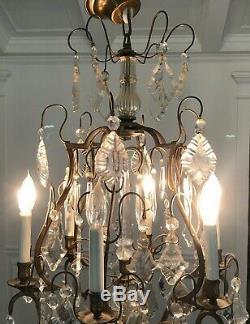Vintage Antique French Louis XV Bronze 6 Light Spire Cut Crystal Chandelier