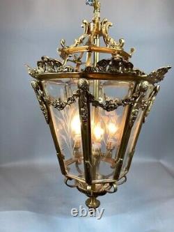 Vintage French Louis XVI Bronze Lantern with Elegant Gold Leaf Finish