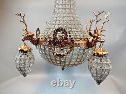 Vintage French Louis XVI Rococo Chandelier in Gold With Deer Heads/Stags Decor