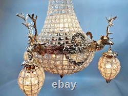 Vintage French Louis XVI Rococo Chandelier in Gold With Deer Heads/Stags Decor