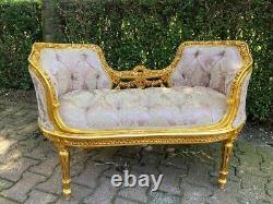 Vintage French Louis XVI Settee in Pink Damask and Gold Beech