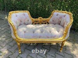 Vintage French Louis XVI Settee in Pink Damask and Gold Beech