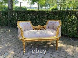 Vintage French Louis XVI Settee in Pink Damask and Gold Beech