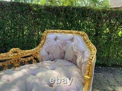 Vintage French Louis XVI Settee in Pink Damask and Gold Beech