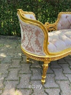 Vintage French Louis XVI Settee in Pink Damask and Gold Beech