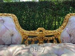 Vintage French Louis XVI Settee in Pink Damask and Gold Beech