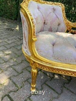 Vintage French Louis XVI Settee in Pink Damask and Gold Beech