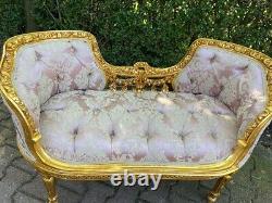 Vintage French Louis XVI Settee in Pink Damask and Gold Beech