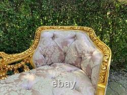 Vintage French Louis XVI Settee in Pink Damask and Gold Beech