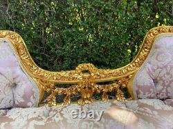 Vintage French Louis XVI Settee in Pink Damask and Gold Beech