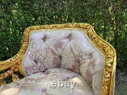 Vintage French Louis XVI Settee in Pink Damask and Gold Beech