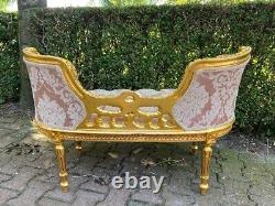 Vintage French Louis XVI Settee in Pink Damask and Gold Beech