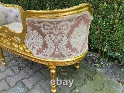 Vintage French Louis XVI Settee in Pink Damask and Gold Beech