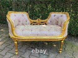 Vintage French Louis XVI Settee in Pink Damask and Gold Beech