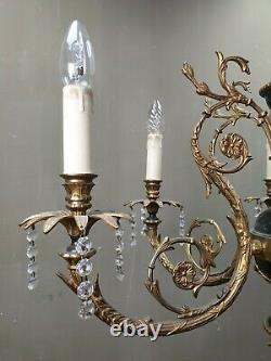 Vintage French Louis XVI Style Chandelier Ceiling Lamp Brass Hollywood Regency