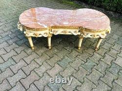 Vintage French Louis XVI Style Coffee Table with Pink Marble and Gold Accents