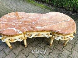 Vintage French Louis XVI Style Coffee Table with Pink Marble and Gold Accents