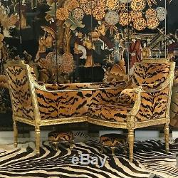Vintage French Louis XVI Style Giltwood Tete-A-Tete Settee Animal Tiger Velvet