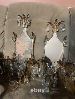 Vintage Louis XV Style French Crystal & Brass Sconces, a Pair