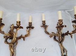 Vintage Pair French Louis XV Rococo Wall Light Sconce 3 Light Gilded Brass 1960