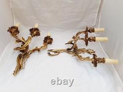 Vintage Pair French Louis XV Rococo Wall Light Sconce 3 Light Gilded Brass 1960