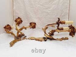Vintage Pair French Louis XV Wall Light Sconce 3 Light Gilded Brass 1960 Rococo