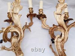 Vintage Pair French Louis XV Wall Light Sconce 3 Light Gilded Brass 1960 Rococo