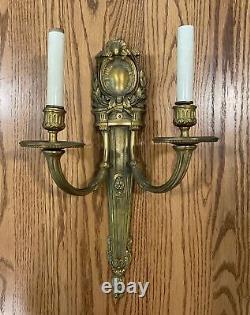 Vtg French Louis XVI Style Solid Brass 2 Arm Wall Sconce Electric 17 Inch