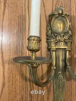 Vtg French Louis XVI Style Solid Brass 2 Arm Wall Sconce Electric 17 Inch