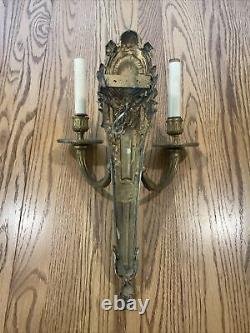 Vtg French Louis XVI Style Solid Brass 2 Arm Wall Sconce Electric 17 Inch