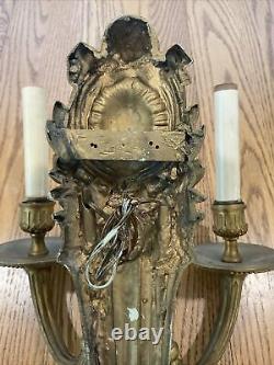 Vtg French Louis XVI Style Solid Brass 2 Arm Wall Sconce Electric 17 Inch